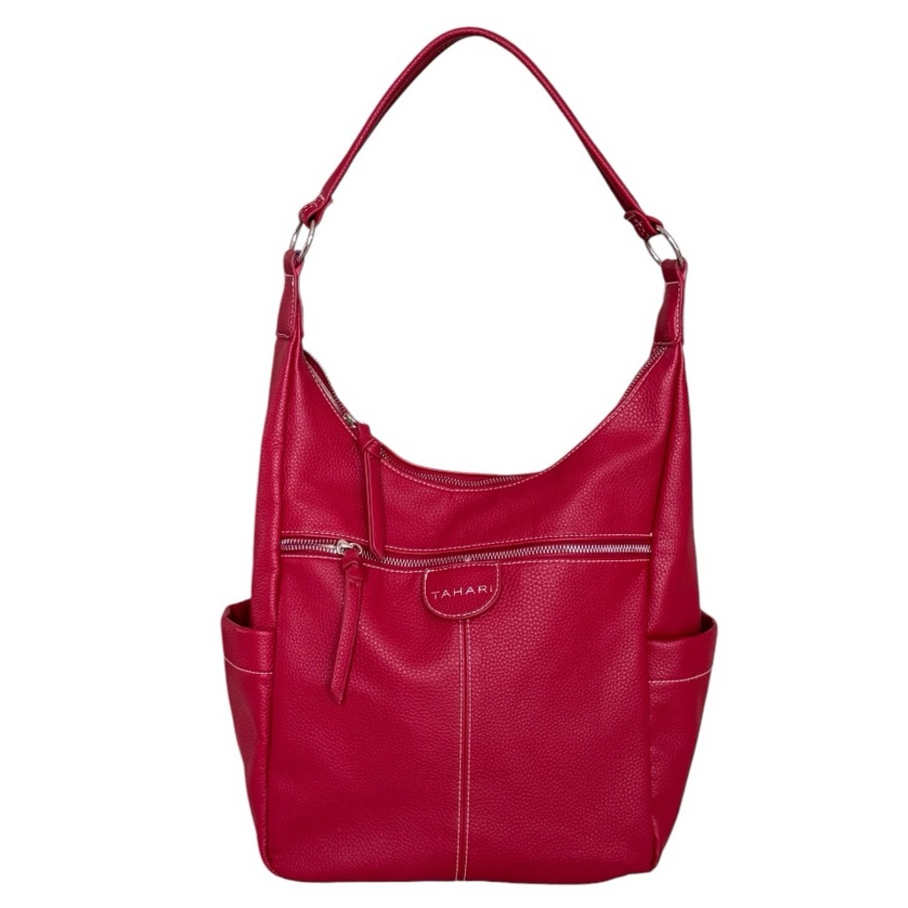 Tahari Red Handbag Purse Leather Wine Tote Boho Shoulder Bag